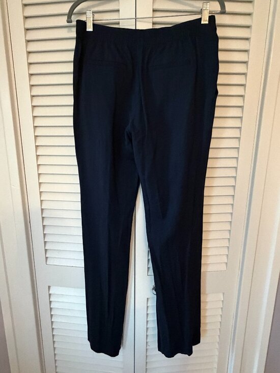 Theory pull-on pleated pants 6 navy viscose elastic waist pockets silky *flaw* - Picture 5 of 10
